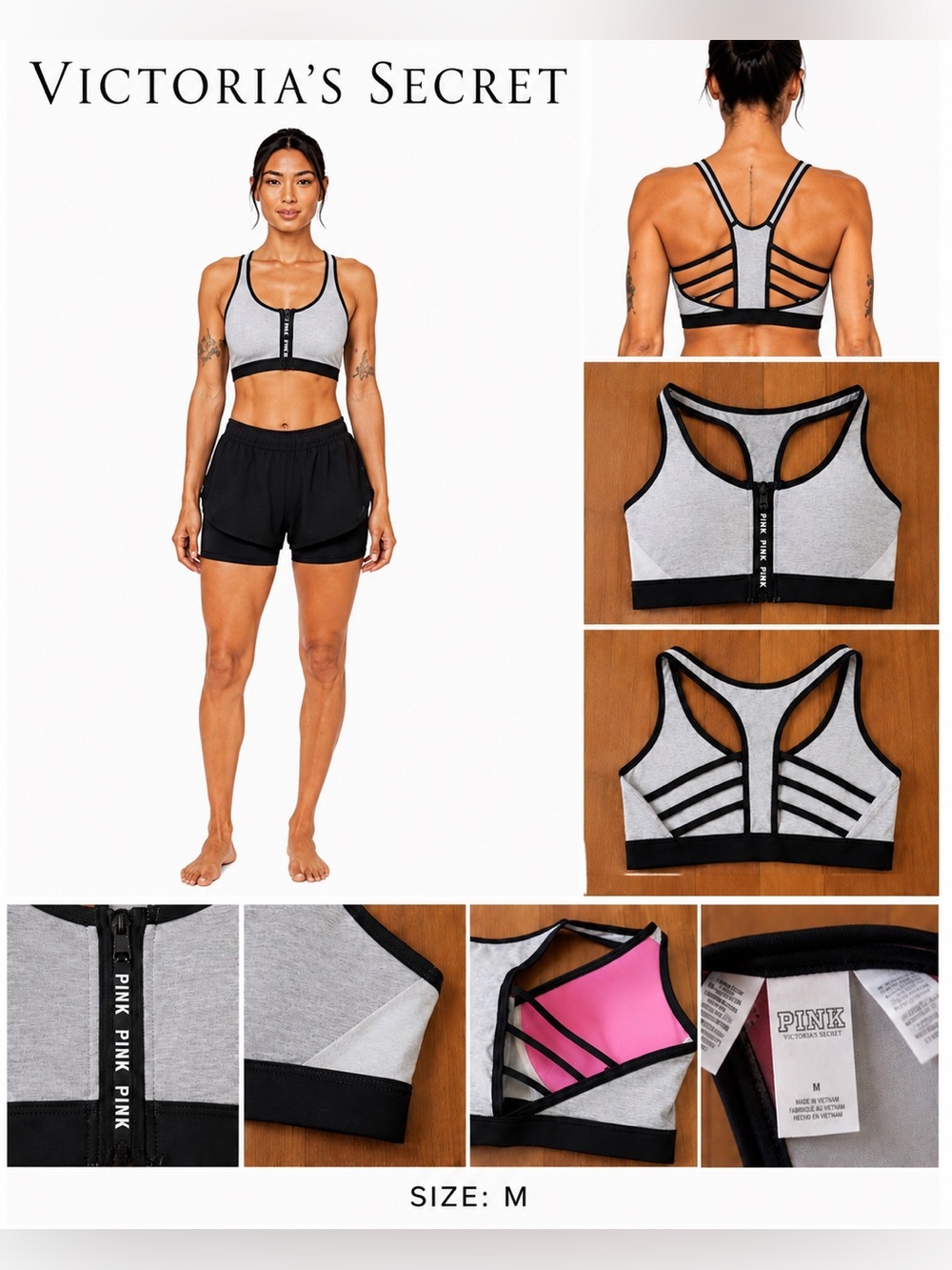 NWT Victoria's Secret Gray & Black Strappy Sports Bra Size M
